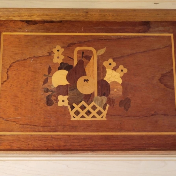 Marquetry Other - Wooden Fruit Basket Inlay Tray ~ 1960s Vintage Marquetry Inlay Teak Wood Serving